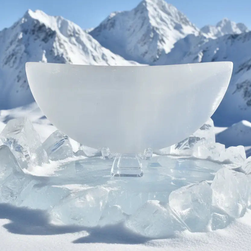 Selenite crescent bowl on a clear stand resting on a bed of ice with snowy mountains in the distance