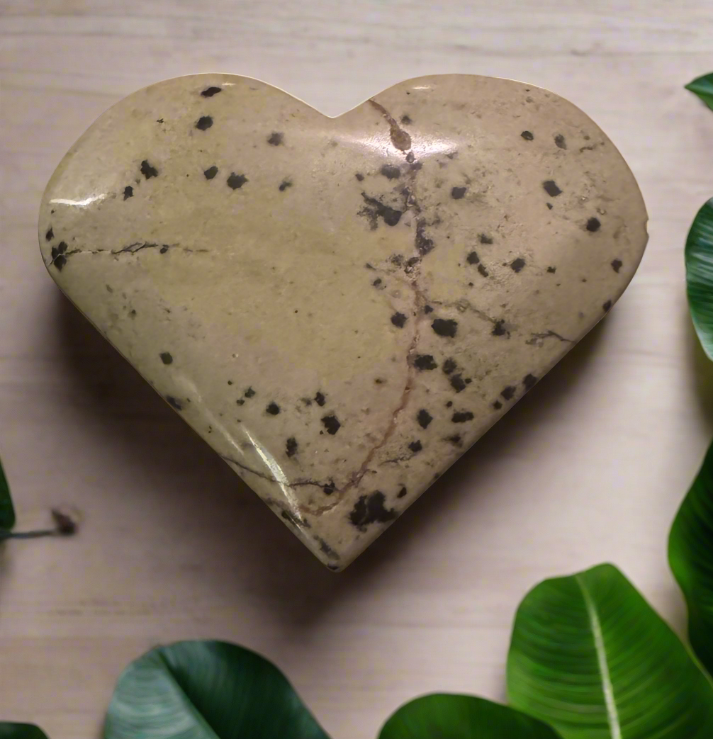 Heart-shaped stone with black speckles and green leaves.