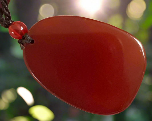 Red pendant necklace with a dark brown cord.