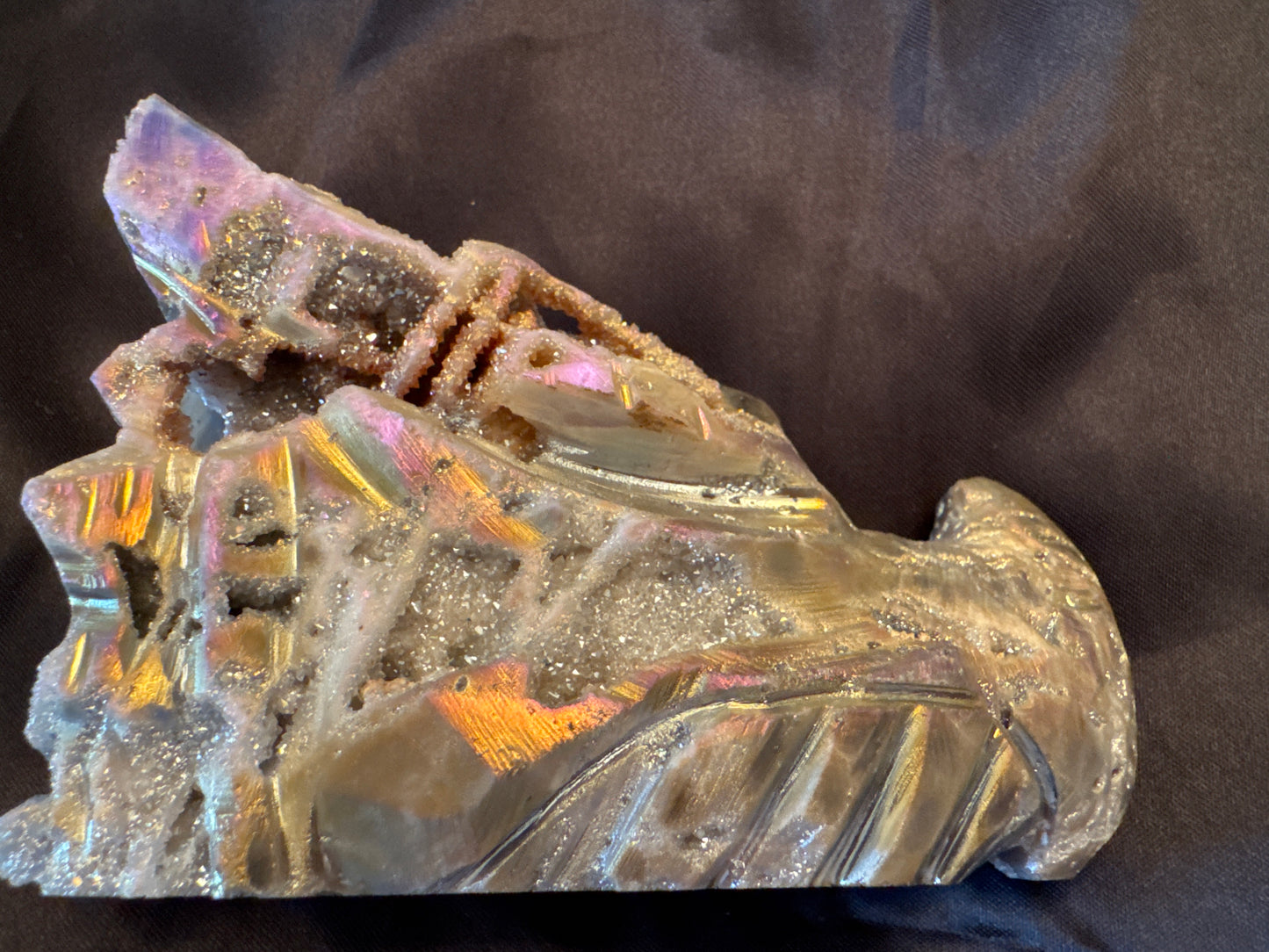 Iridescent quartz crystal formation.
