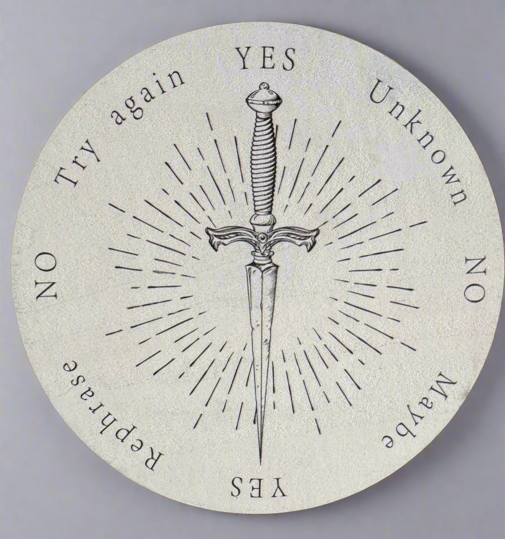 Circular pendulum board with sword design and text labels like "Yes," "No," "Maybe," and "Unknown."