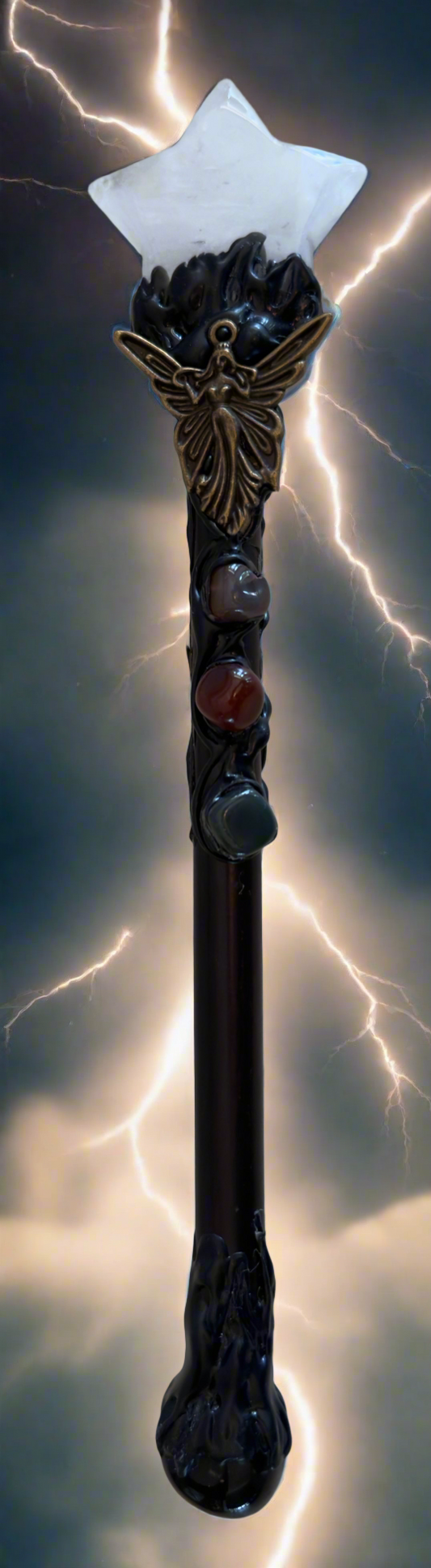 Clear Quartz Finial & Black Obsidian Pommel Scepter with Fairy Charm - Main Street Crystals & Minerals