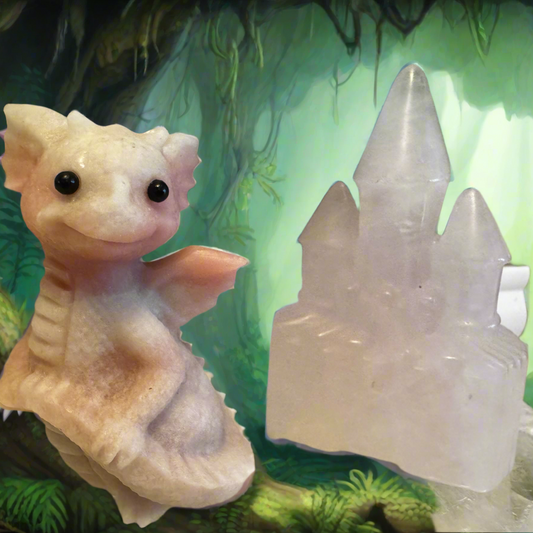 Stone dragon and crystal castle against a jungle backdrop.