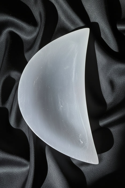 White selenite moon with embedded butterfly on patterned cloth.