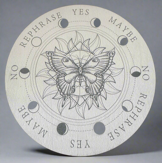 Round spirit board with butterfly design and answer options.
