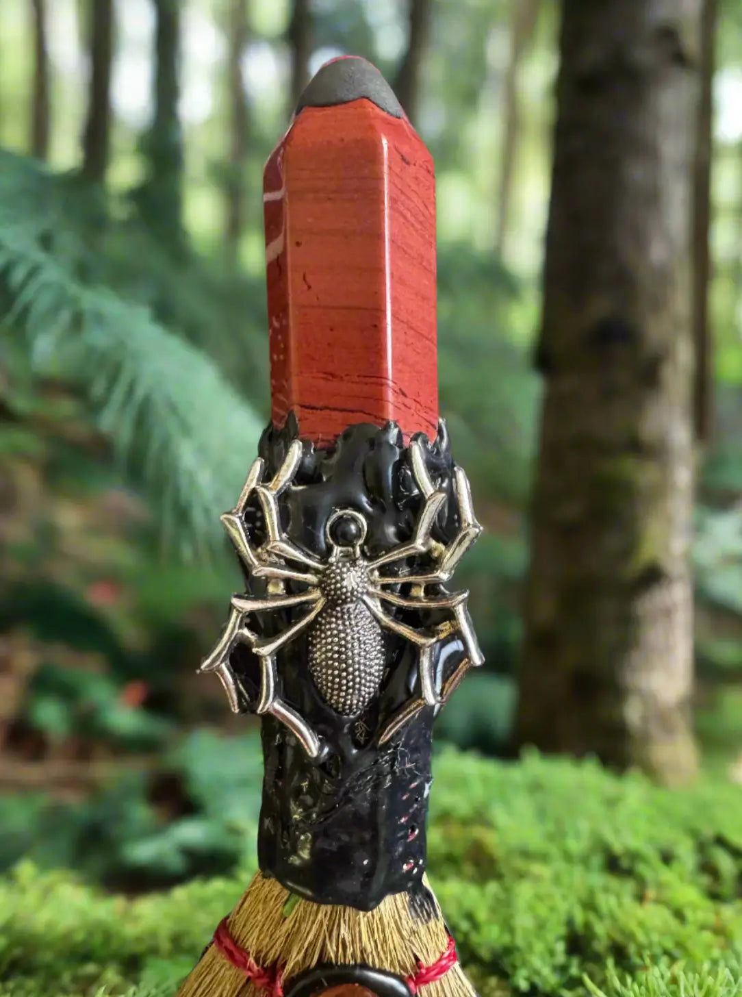 Handcrafted witch altar broom red jasper finial and spider charm natural bristles