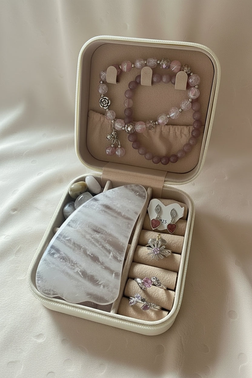 Hello Kitty travel jewelry set with rings bracelets stones and gua sha