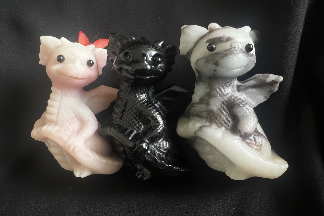 Three little baby dragon carvings Taiji Stone, Pink Agate and Black obsidian