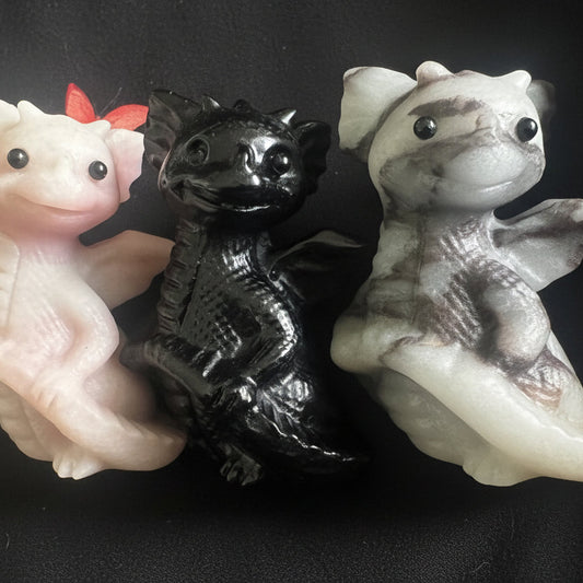 Three little baby dragon carvings Taiji Stone, Pink Agate and Black obsidian