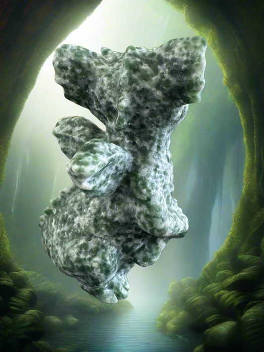 Green and white textured stone sculpture in a fantasy landscape.