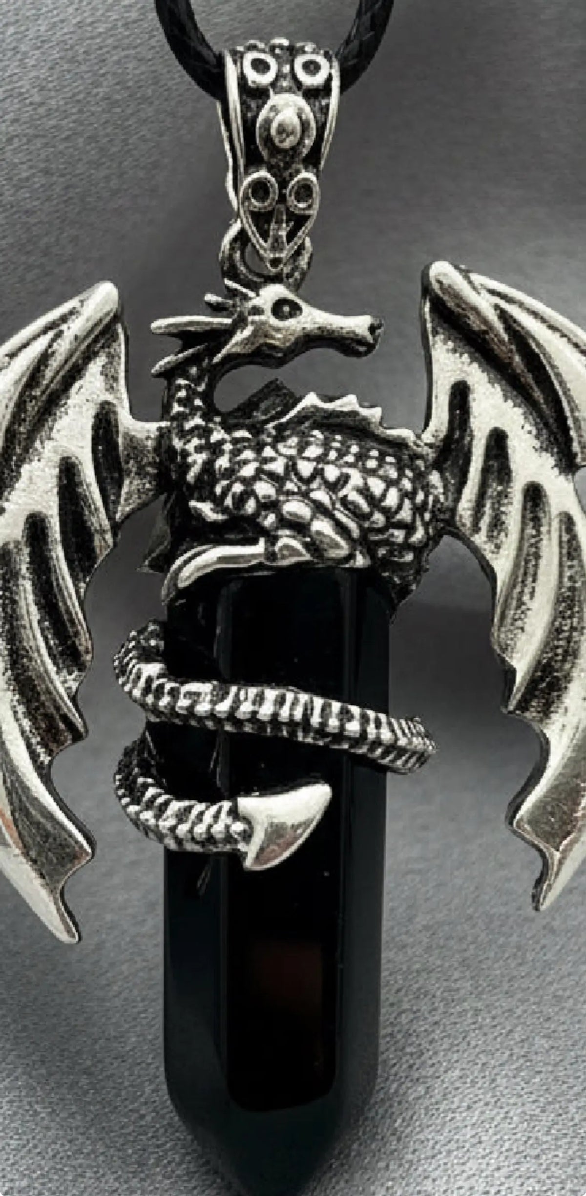Black Obsidian dragon pendant necklace with silver-tone dragon