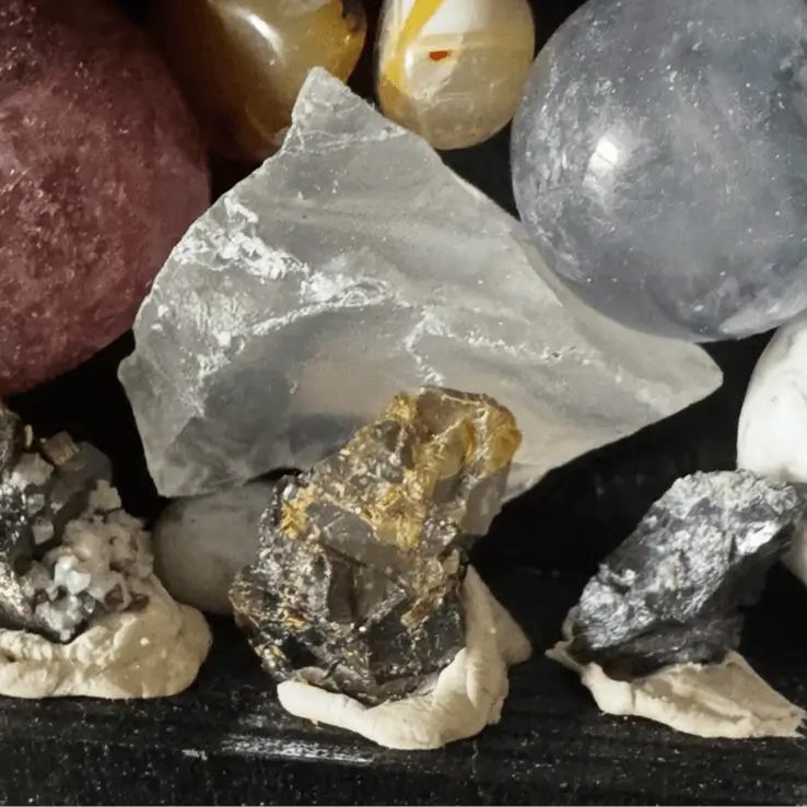Close of beautiful crystal stones included with this wooden shelf