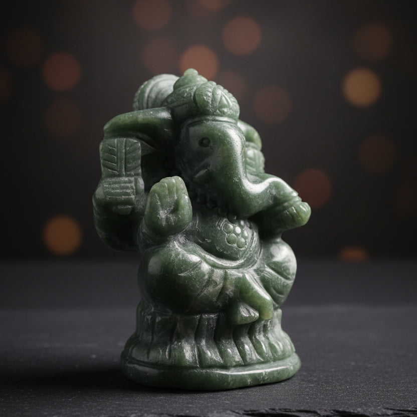 A green stone Ganesha figurine, carved with a polished finish,