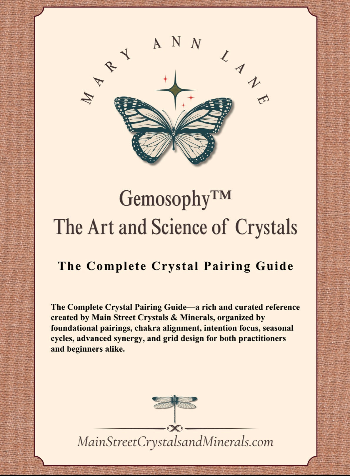 Book cover of 'Gemosophy: The Art and Science of Crystals' by Mary Ann Lane with butterfly illustration on a textured background.