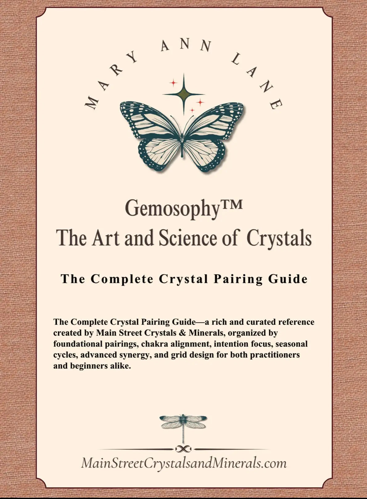 Book cover of 'Gemosophy: The Art and Science of Crystals' by Mary Ann Lane with butterfly illustration on a textured background.