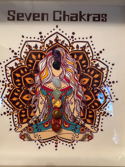 Framed image of a meditating figure with a mandala background. Seven chakra gemstones are aligned on the figure's body. The words "Seven Chakras" are printed at the top.