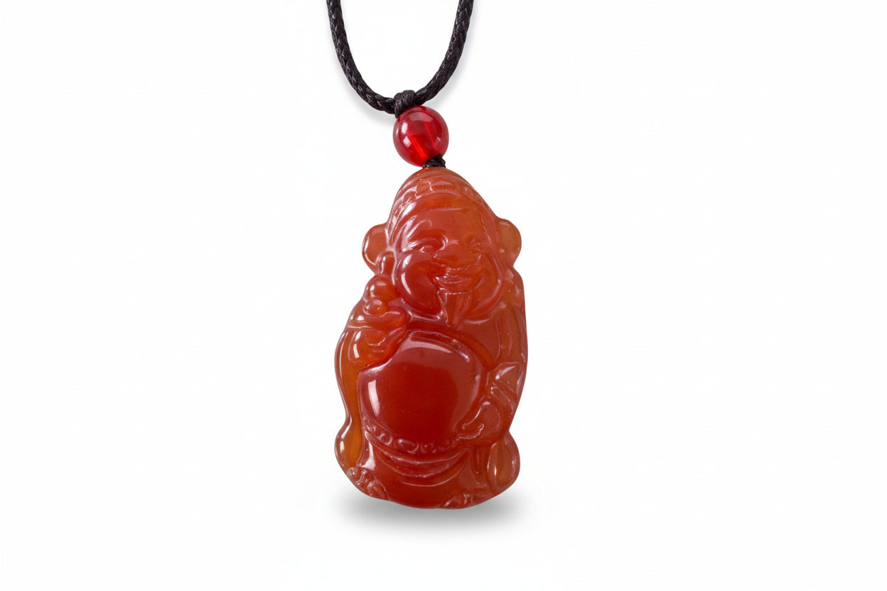 Red Carnelian Buddha pendant with red bead.