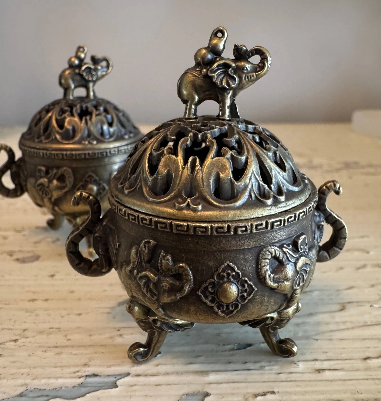 Brass Elephant Top incense holder side view