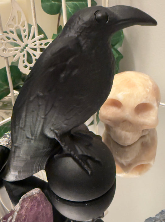 A black raven figurine sits on a black sphere, with a light-colored skull behind it, all on a reflective surface.