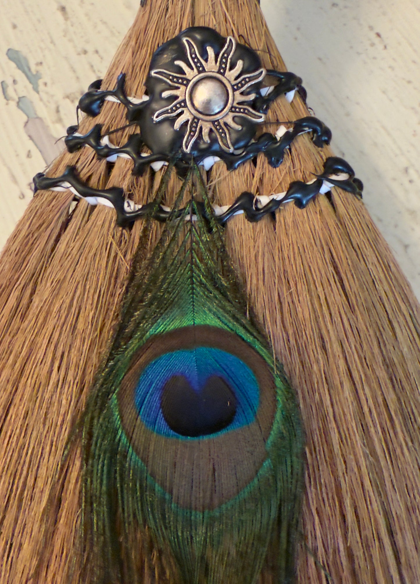 XL witch protection altar broom with peacock feathers and clear quartz finial for spiritual cleansing and energy amplification