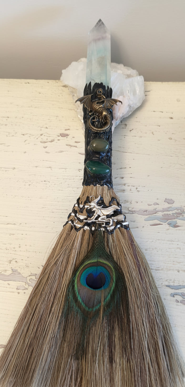 Hand crafted natural fiber, Altar ritual Besom / Broom Fluorite finial dragon charm additional stones and rare peaccock feather
