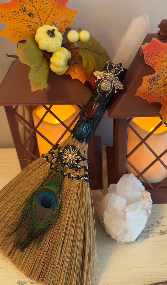 XL witch protection altar broom with peacock feathers and clear quartz finial for spiritual cleansing and energy amplification