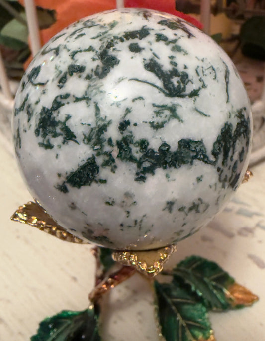 Green Tree Agate crystal sphere small close-up