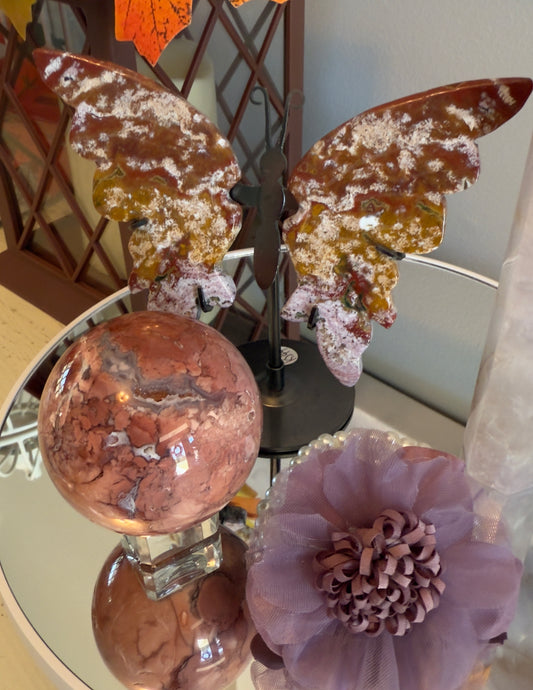 Ocean Jasper Butterfly Wings in stand Red Jasper Sphere with Druzy