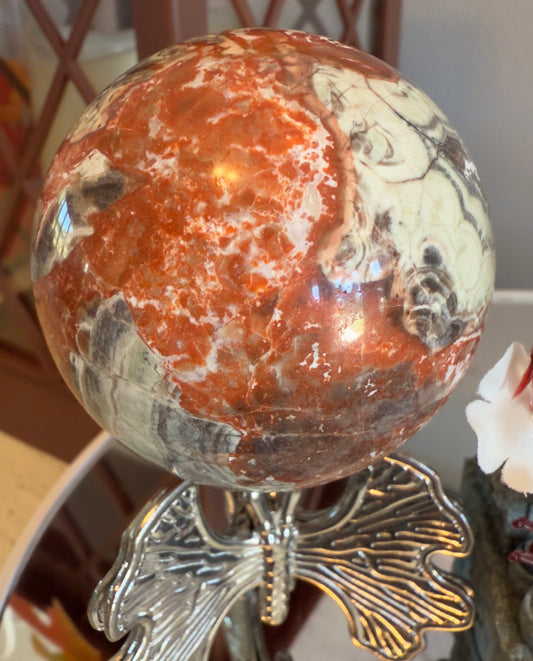 Red Cascade Tranquility Set - Money Agate sphere with natural red banding patterns for manifestation and chakra alignment