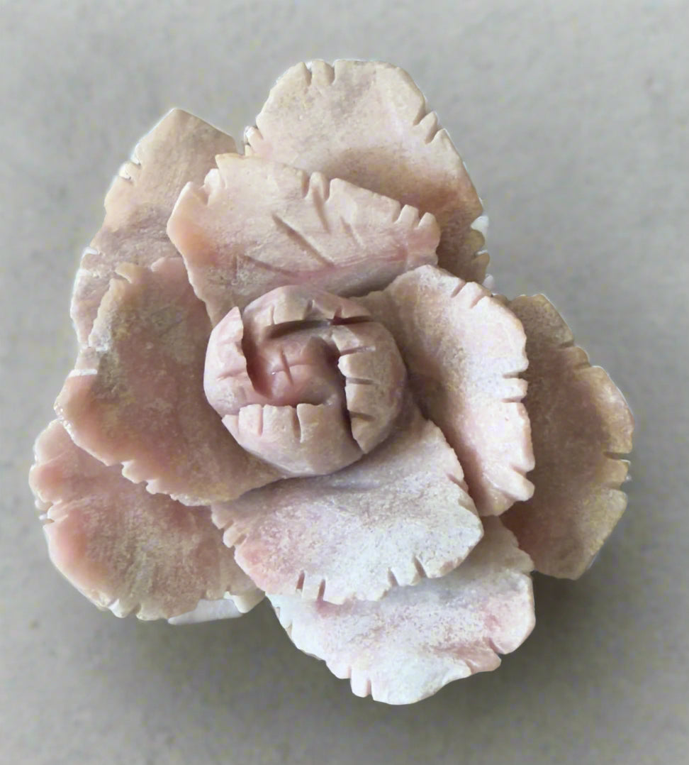 Hand-carved pink opal crystal flower, peony or carnation style, polished layered gemstone sculpture for metaphysical healing, Main Street Crystals and Minerals