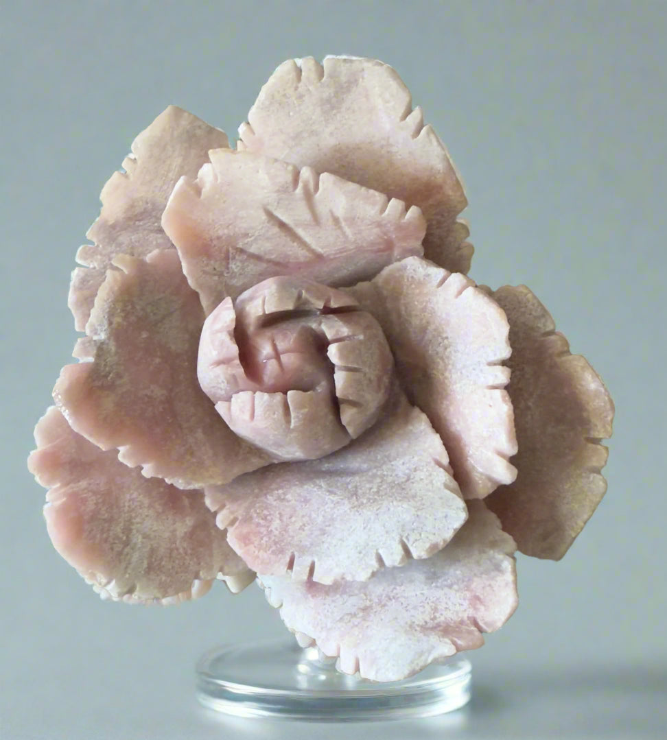 Hand-carved pink opal crystal flower, peony or carnation style, polished layered gemstone sculpture for metaphysical healing, Main Street Crystals and Minerals