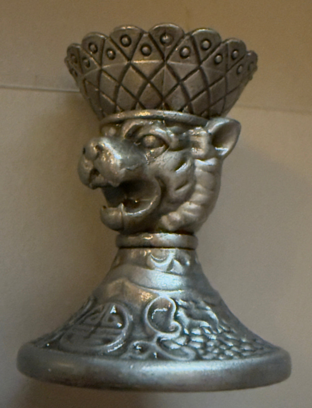 Ornate silver-tone metal dragon head sculpture with crown-like top and intricate details, fantasy decorative collectible ideal for altar, home decor, or themed crystal displays from Main Street Crystals and Minerals