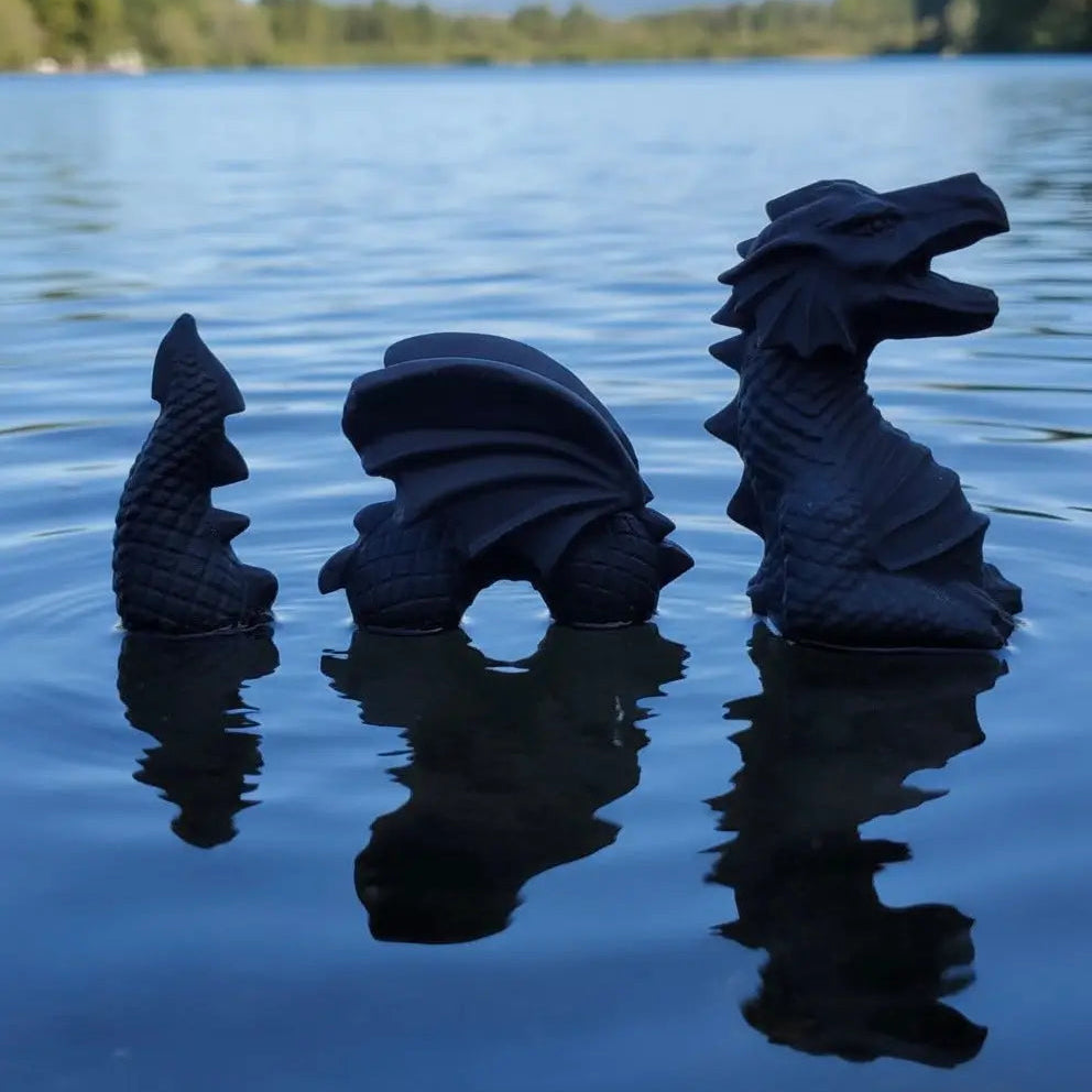 Black Obsidian Dragon carving 3 piece set front view