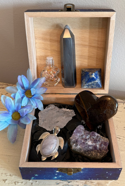 Wooden Box Moon Design filled with Chakra Recharge Crystals & Minerals Lapis Lazuli, Hematite, Clear Quartz Tigers Eye Amethyst Howlite Moon Shaped Wish Bottle Assorted Crystal Chips