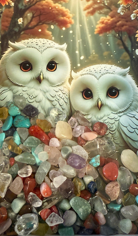 Oak framed art two owls in a forest, with trees, different crystal pebbles inside a shadow box