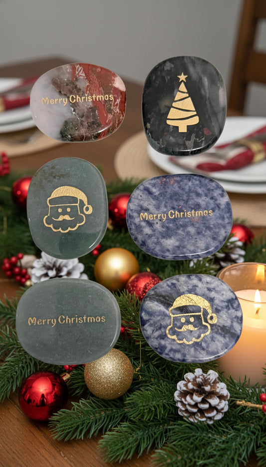 Genuine Crystal Worry Stones Aventurine, Bloodstone, Sodalite carved with Christmas Symbols, Trees, Santa, and Merry Christmas