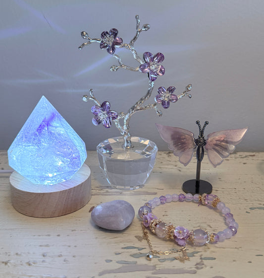 Fluorite diamond cut freeform, with light stand, table top decor tree with clear quartz and amethyst, stunning bracelet amethyst and clear quartz hand crafted, carved amethyst heart and butterfly wings on their stand