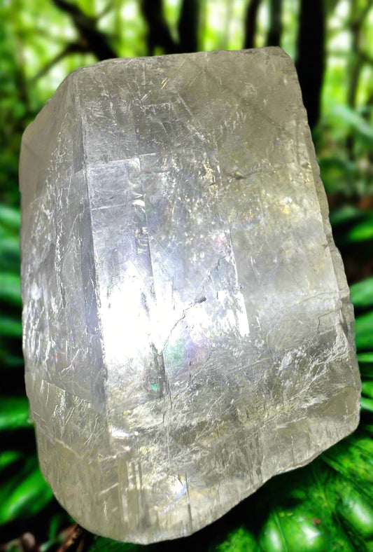 Large, translucent calcite crystal with internal iridescence against a blurred green foliage background.