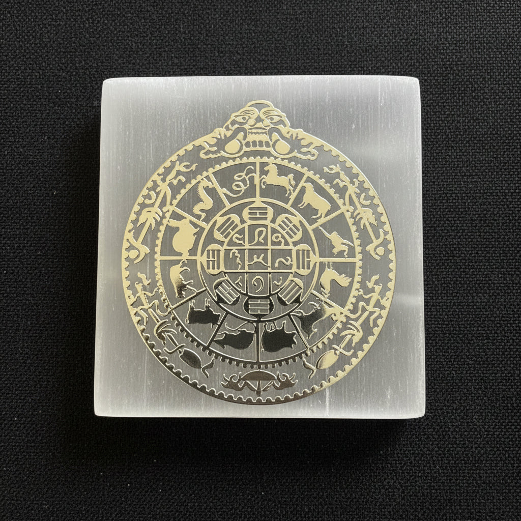 Square selenite plate with a gold-colored metal zodiac wheel design.
