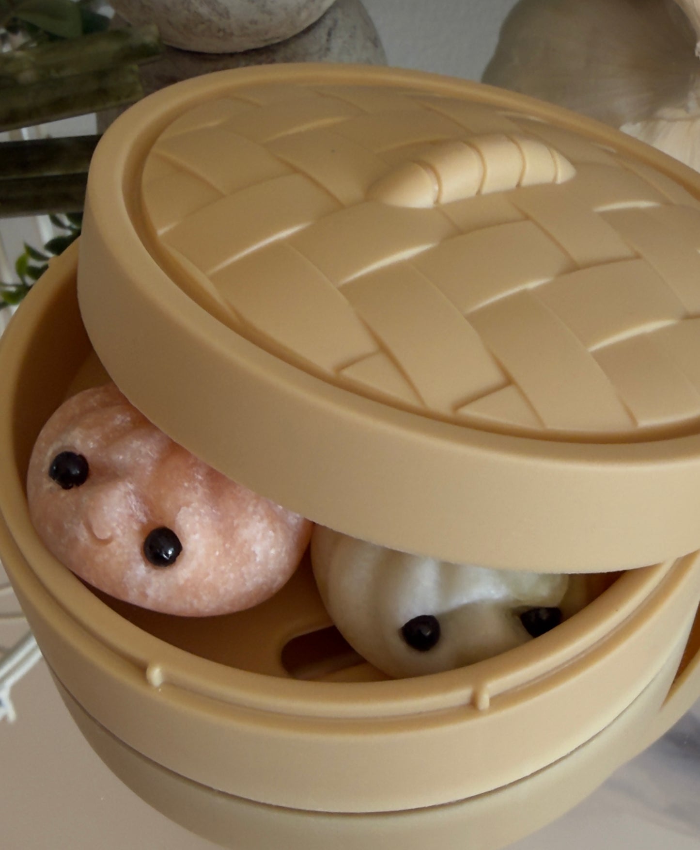 Asian Dumpling Steamer Basket B with dumplings inside, beige color
