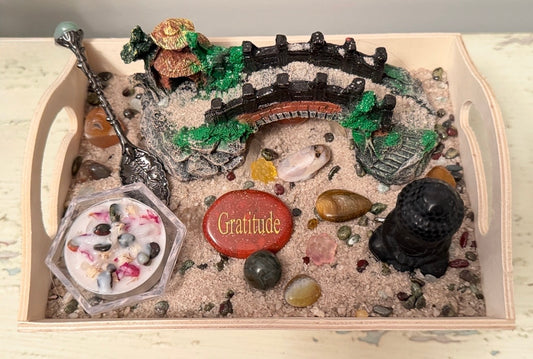 Mini Zen Sand Garden Sets - Desk Meditation Kit with a small bridge and rocks