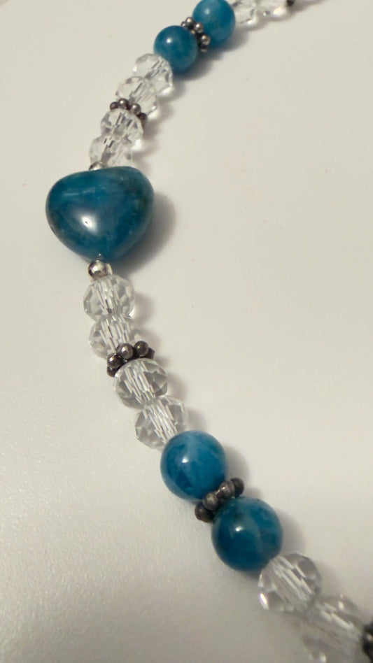 Close up of Blue Apatite and Clear Quartz Cell Phone Wristlet
