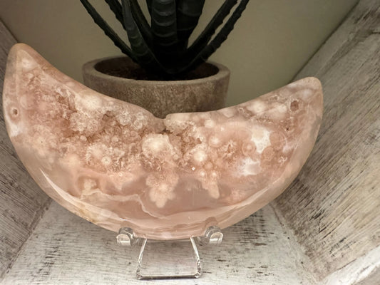 Druzy Pink Sakura Agate crescent moon carving side view