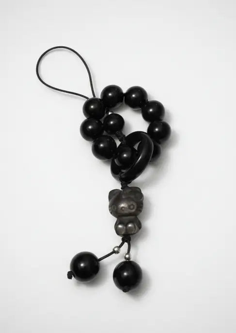 Black and Silver Obsidian Hello Kitty Fidget Cell Phone Charm
