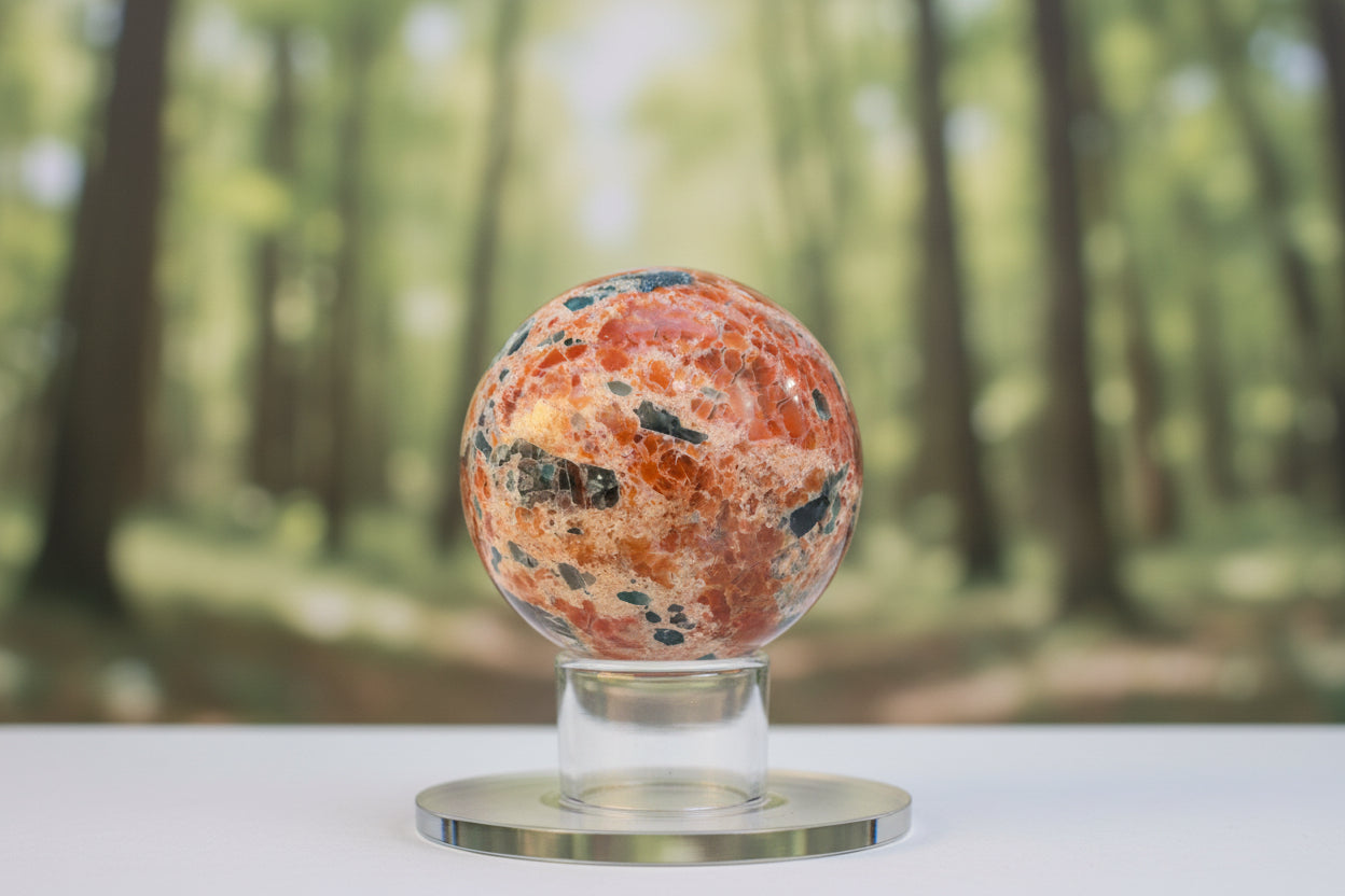 beautiful brecciated jasper sphere on a glass stand with the green forest behind