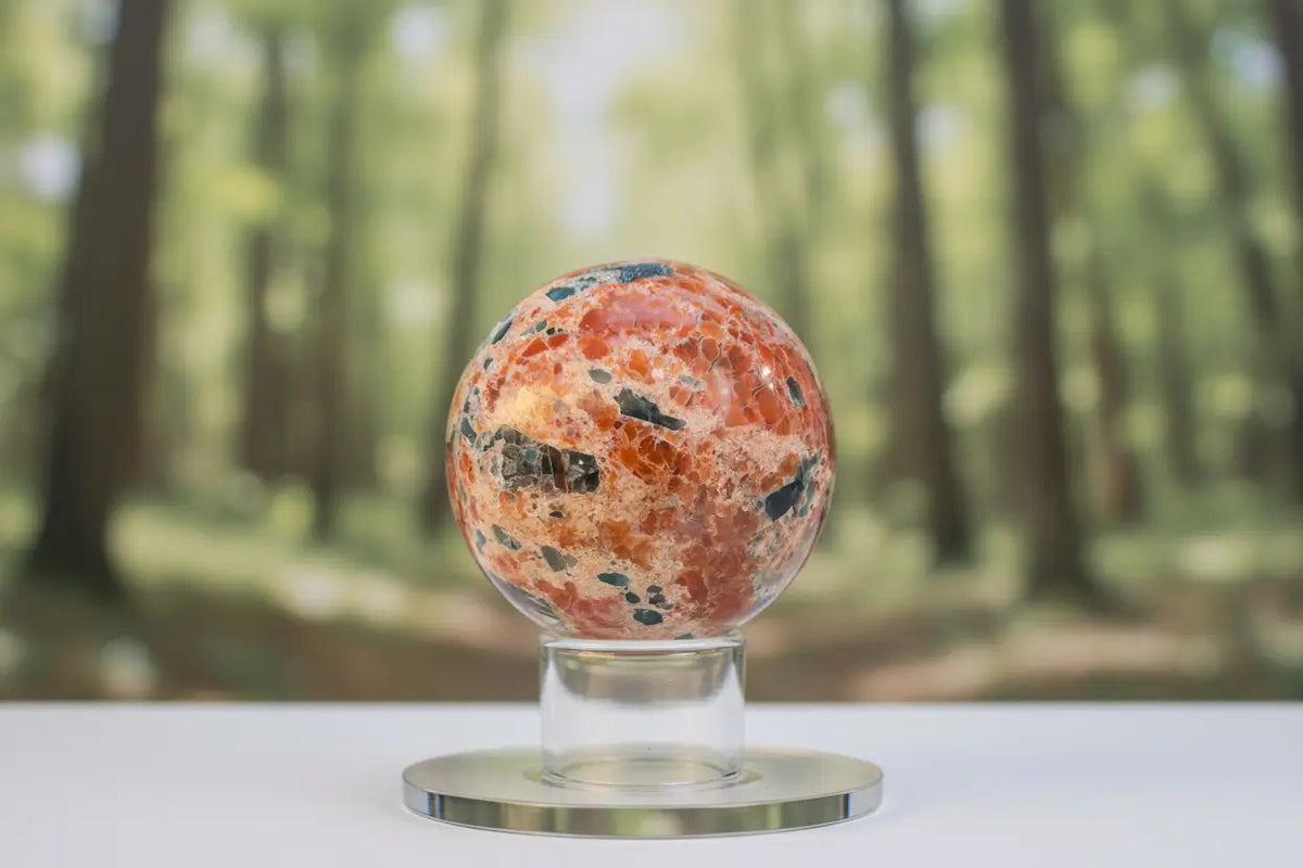 Brecciated Jasper and Apatite sphere on glass stand
