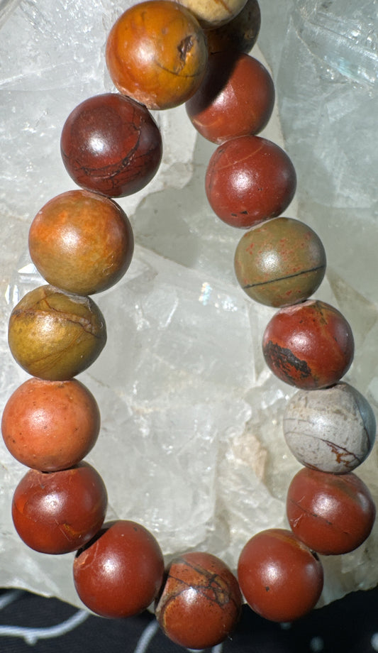 Close-up of a bracelet made with Picasso Jasper Quartz mineral crystal