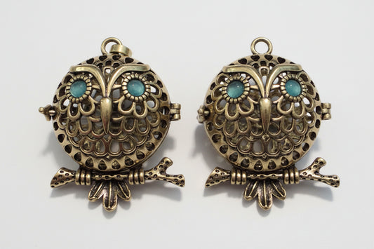 Gold tone owl crystal diffuser locket pendant with turquoise stones, boosts intuition