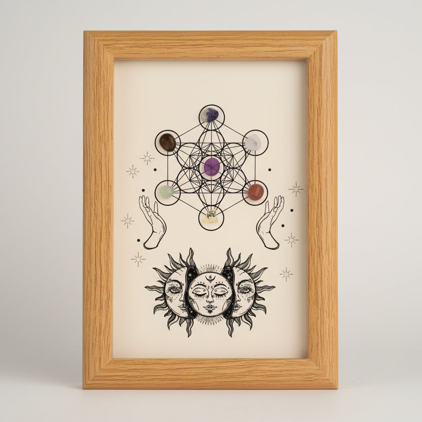 Framed artwork with geometric design and hands, framed in a wooden frame.