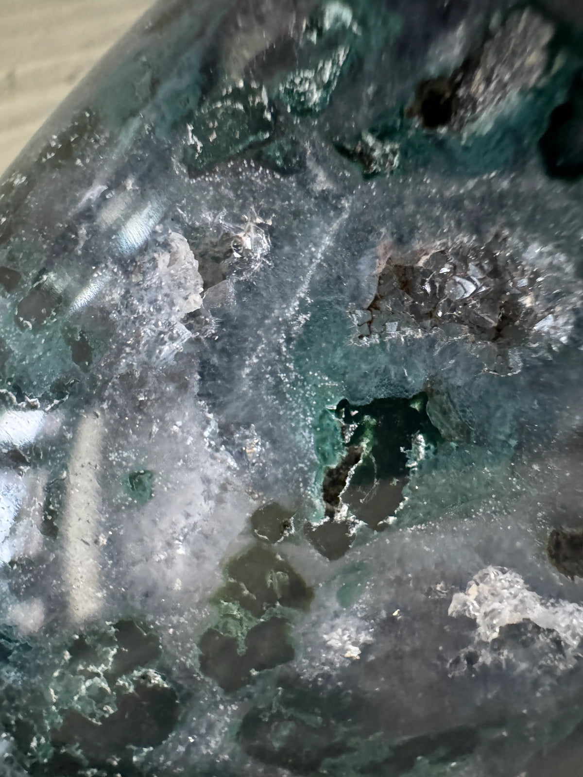 Ocean Jasper freeform crystal close-up with green and gray inclusions